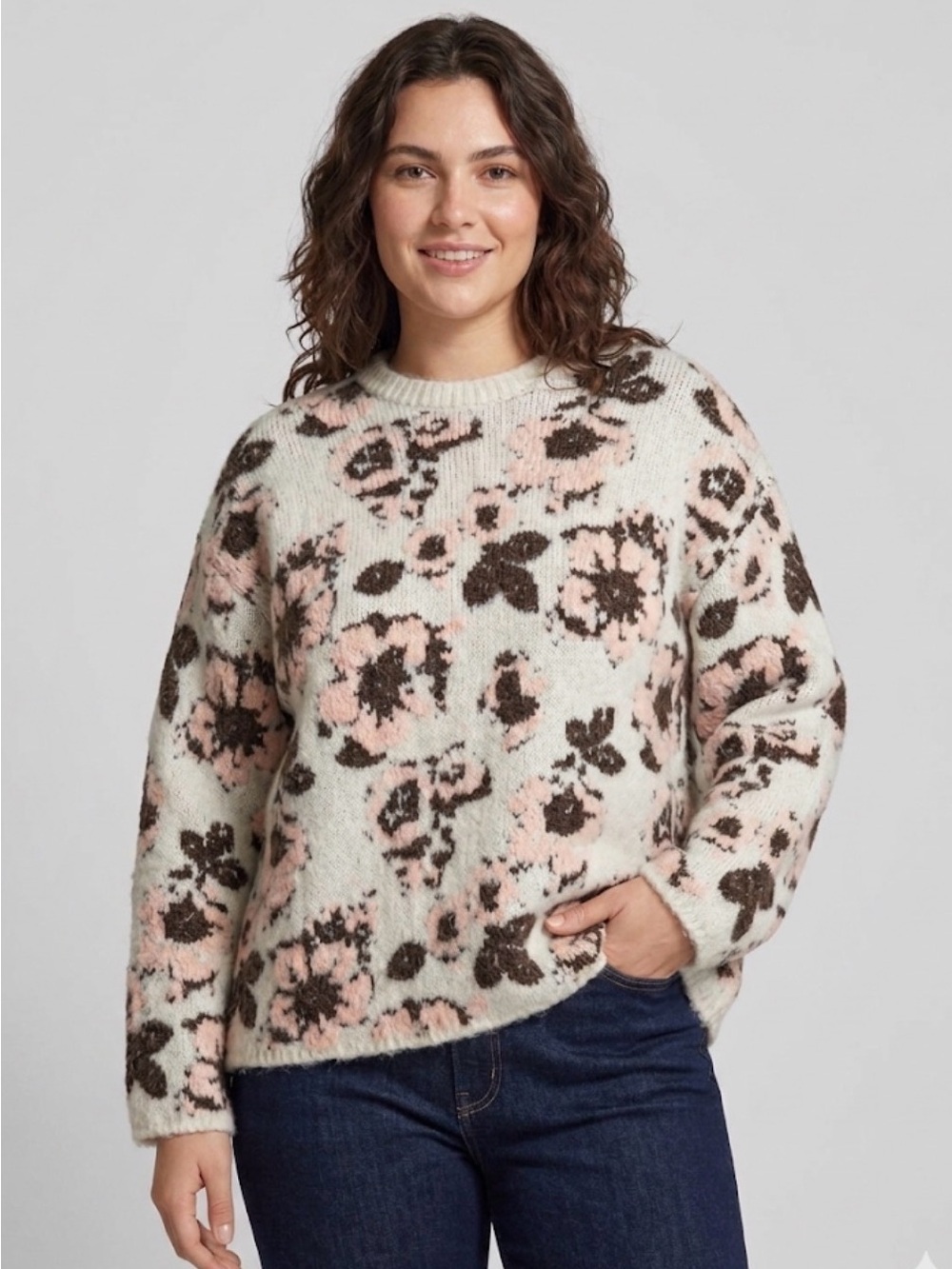 Zara Floral Fuzzy Knit Sweater Cream Pink Brown Flowers Size L(C57)